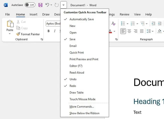 Customize menu for Quick Access Toolbar