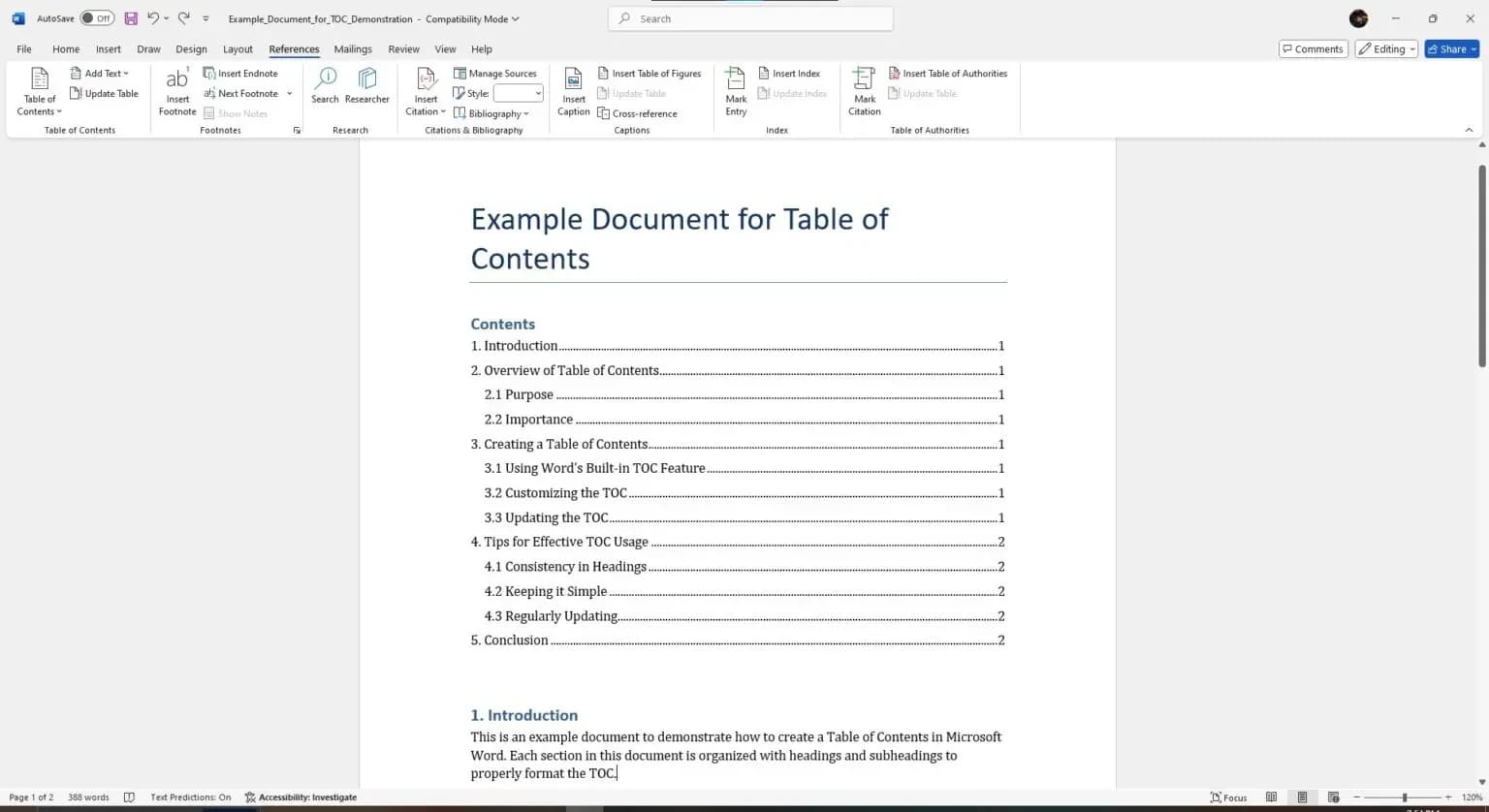 An MS Word document with Tables of Contents