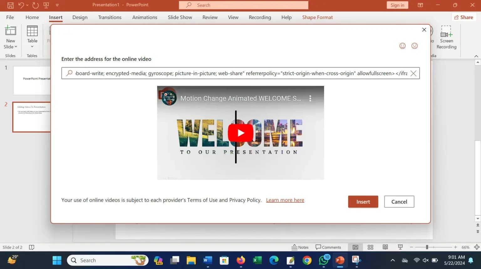 Attached YouTube video in a PowerPoint presentation