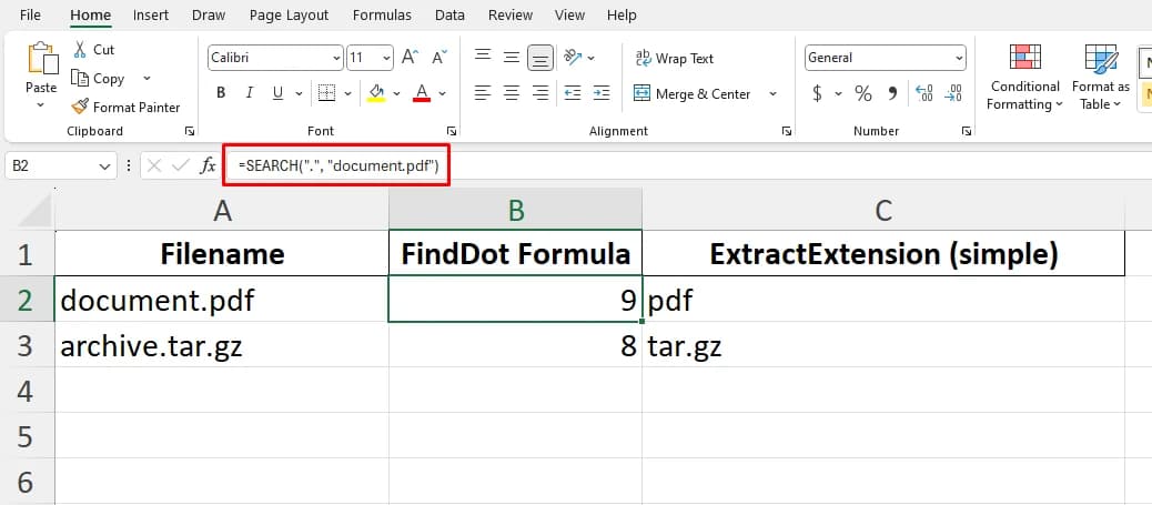 File Extension Detection in excel search function