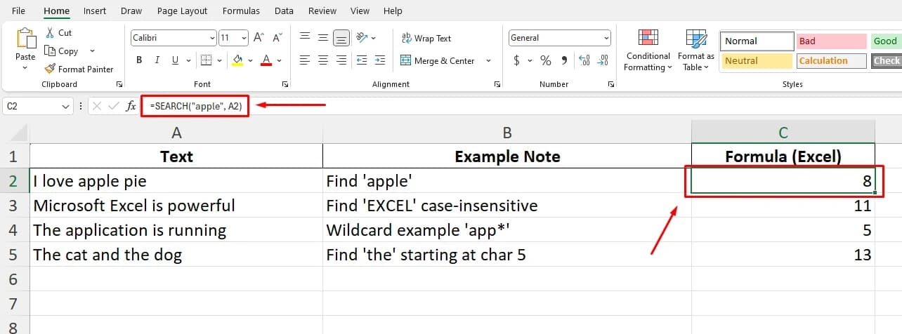 Basic Text Search function in Excel