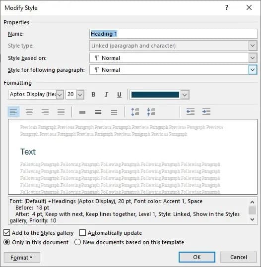 Modifying headings in Microsoft Word